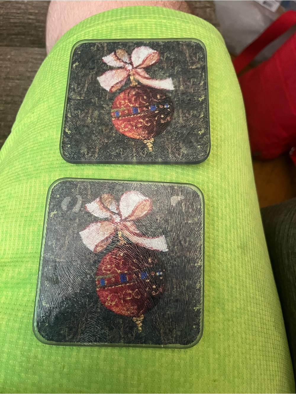 Holiday Ornament Coasters Set - Red & Gold Ornament Design